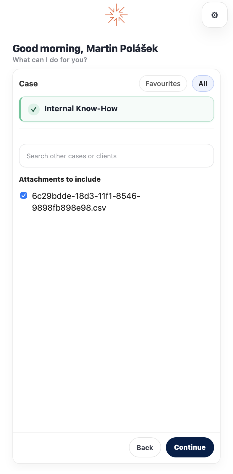 The filing screen with attachments and folder selection